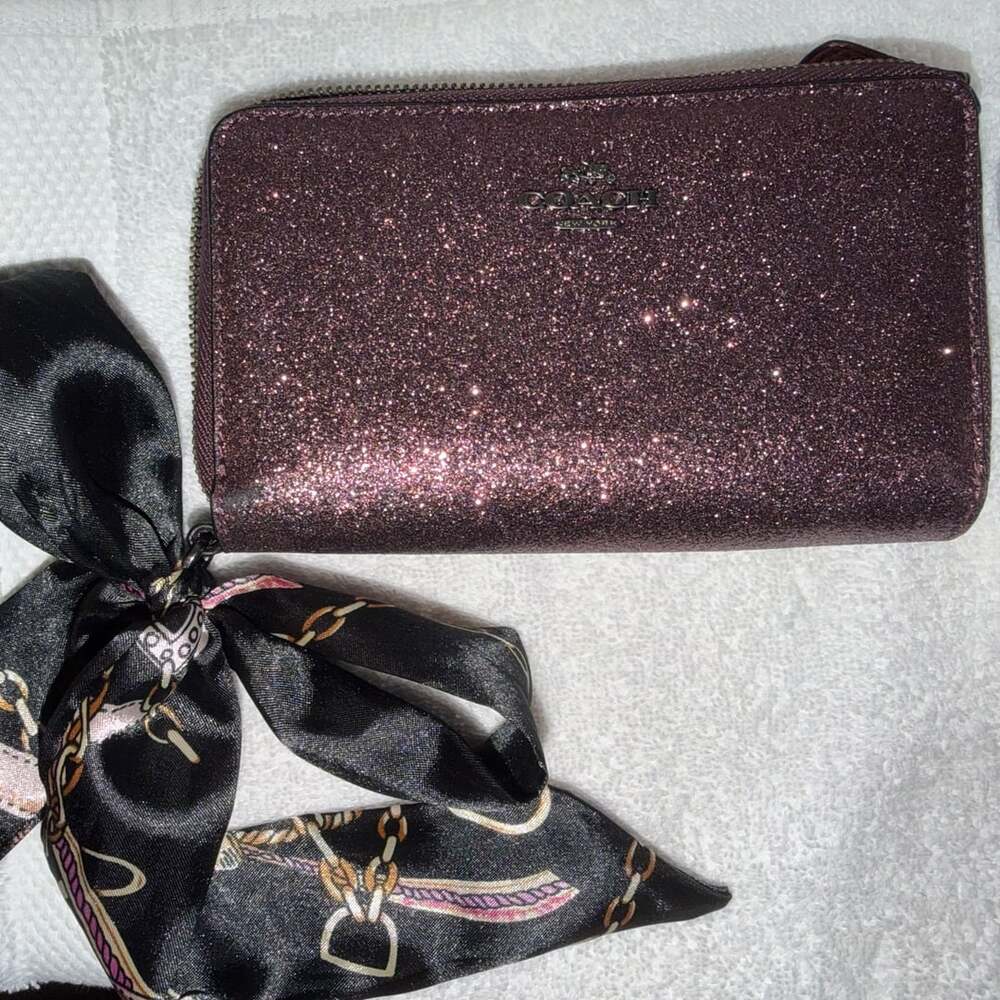 Coach Metallic Glitter Zip Around Wallet with Silk Scarf